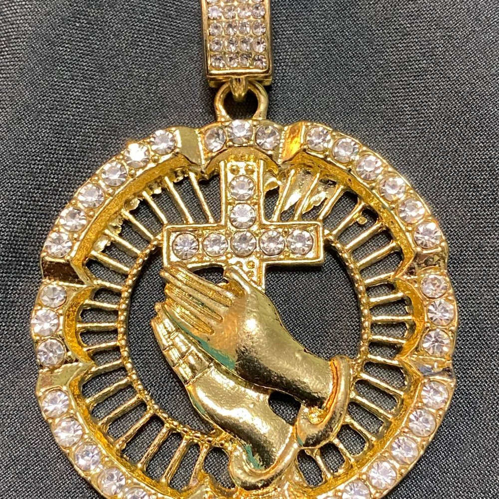 Gold Tone and Cubic Zirconia Praying Hands and Cross Circular Unisex Pendant